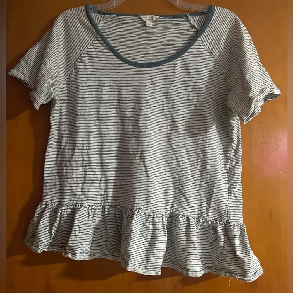 Lucky Brand Blue and White Striped Ruffle Top